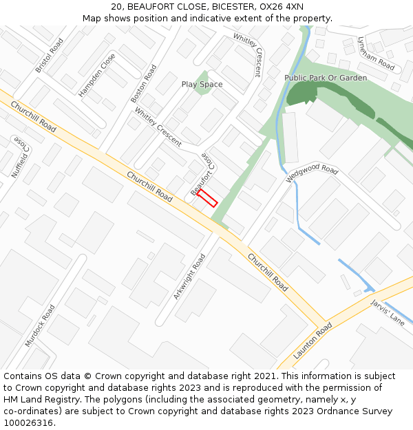 20, BEAUFORT CLOSE, BICESTER, OX26 4XN: Location map and indicative extent of plot