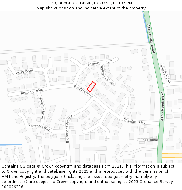 20, BEAUFORT DRIVE, BOURNE, PE10 9PN: Location map and indicative extent of plot