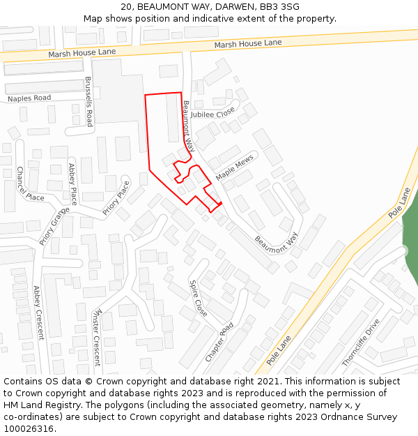 20, BEAUMONT WAY, DARWEN, BB3 3SG: Location map and indicative extent of plot