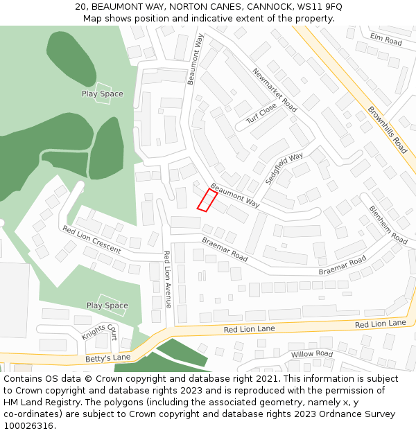 20, BEAUMONT WAY, NORTON CANES, CANNOCK, WS11 9FQ: Location map and indicative extent of plot