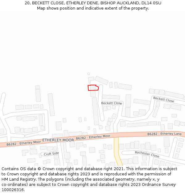 20, BECKETT CLOSE, ETHERLEY DENE, BISHOP AUCKLAND, DL14 0SU: Location map and indicative extent of plot