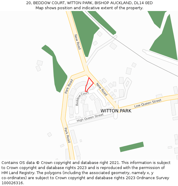 20, BEDDOW COURT, WITTON PARK, BISHOP AUCKLAND, DL14 0ED: Location map and indicative extent of plot