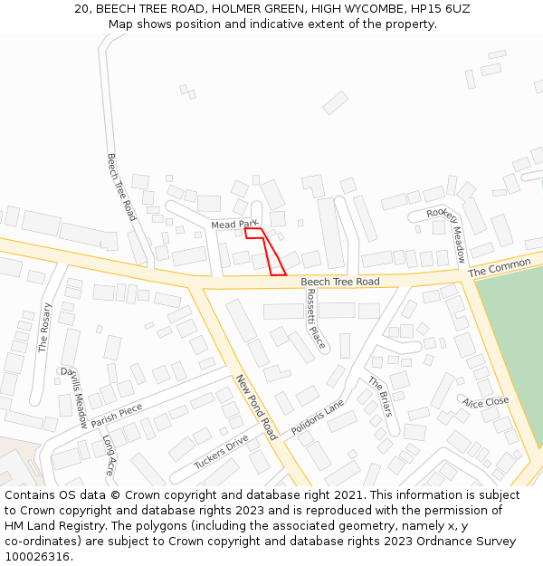 20, BEECH TREE ROAD, HOLMER GREEN, HIGH WYCOMBE, HP15 6UZ: Location map and indicative extent of plot