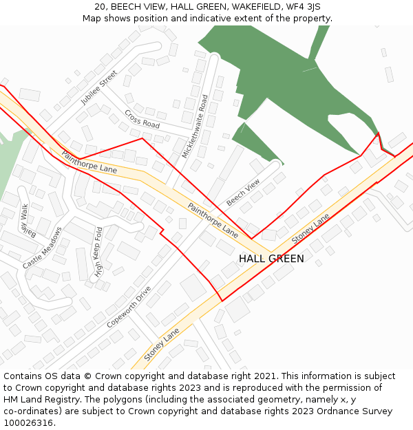 20, BEECH VIEW, HALL GREEN, WAKEFIELD, WF4 3JS: Location map and indicative extent of plot
