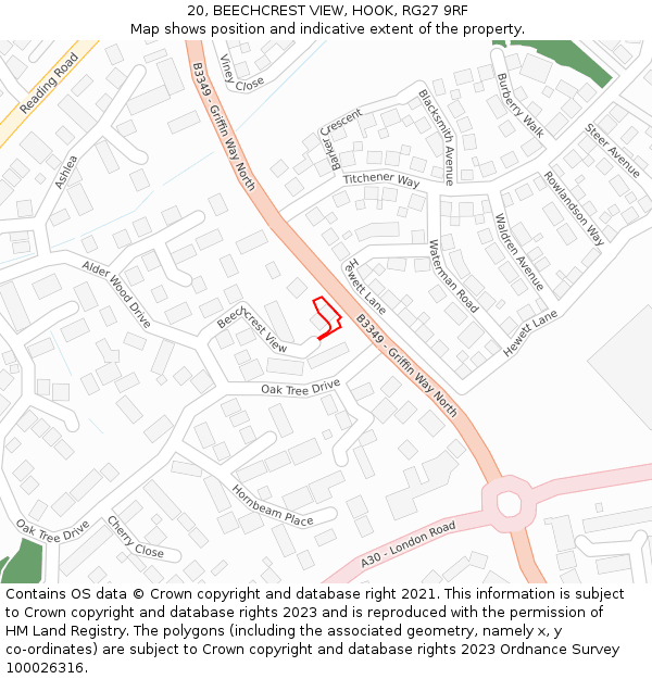 20, BEECHCREST VIEW, HOOK, RG27 9RF: Location map and indicative extent of plot