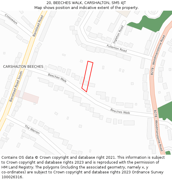 20, BEECHES WALK, CARSHALTON, SM5 4JT: Location map and indicative extent of plot