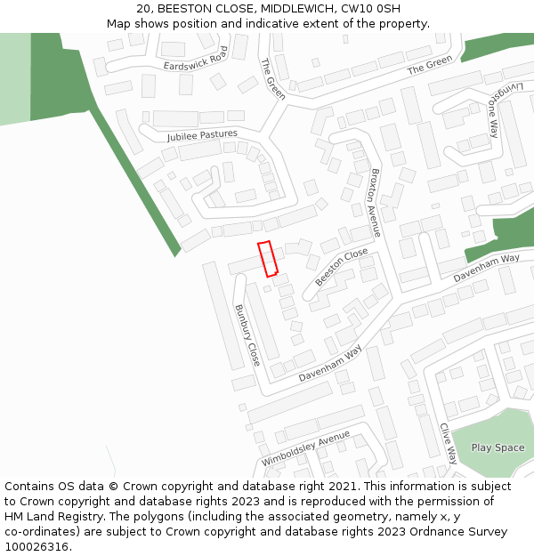20, BEESTON CLOSE, MIDDLEWICH, CW10 0SH: Location map and indicative extent of plot