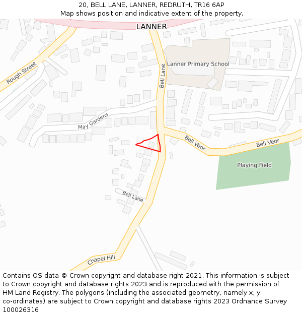 20, BELL LANE, LANNER, REDRUTH, TR16 6AP: Location map and indicative extent of plot