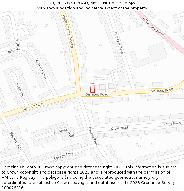 20, BELMONT ROAD, MAIDENHEAD, SL6 6JW: Location map and indicative extent of plot