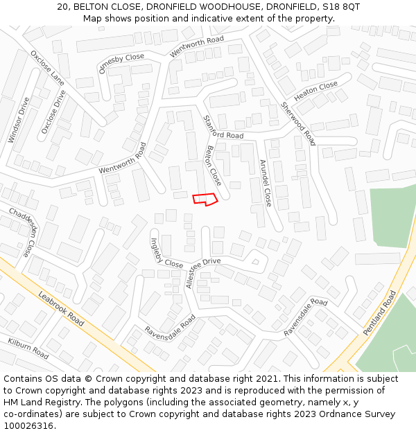 20, BELTON CLOSE, DRONFIELD WOODHOUSE, DRONFIELD, S18 8QT: Location map and indicative extent of plot