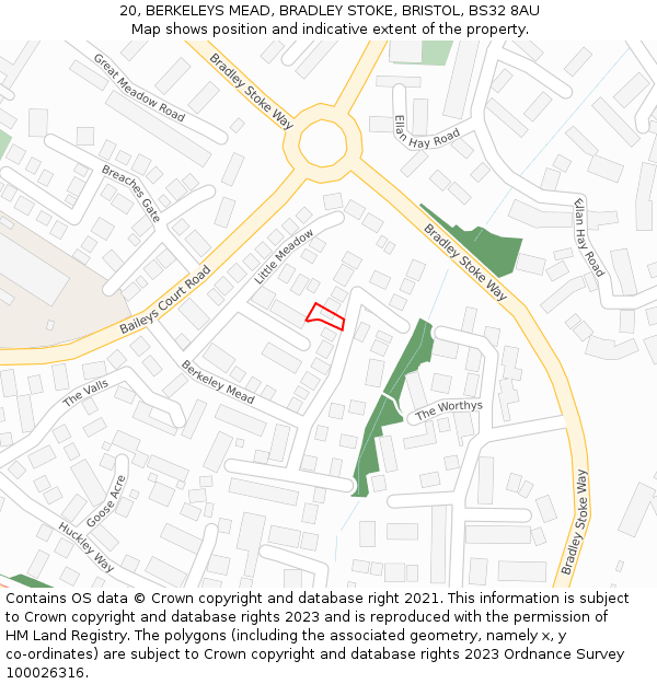 20, BERKELEYS MEAD, BRADLEY STOKE, BRISTOL, BS32 8AU: Location map and indicative extent of plot