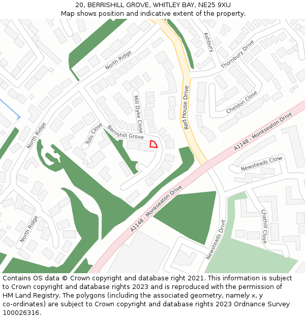 20, BERRISHILL GROVE, WHITLEY BAY, NE25 9XU: Location map and indicative extent of plot