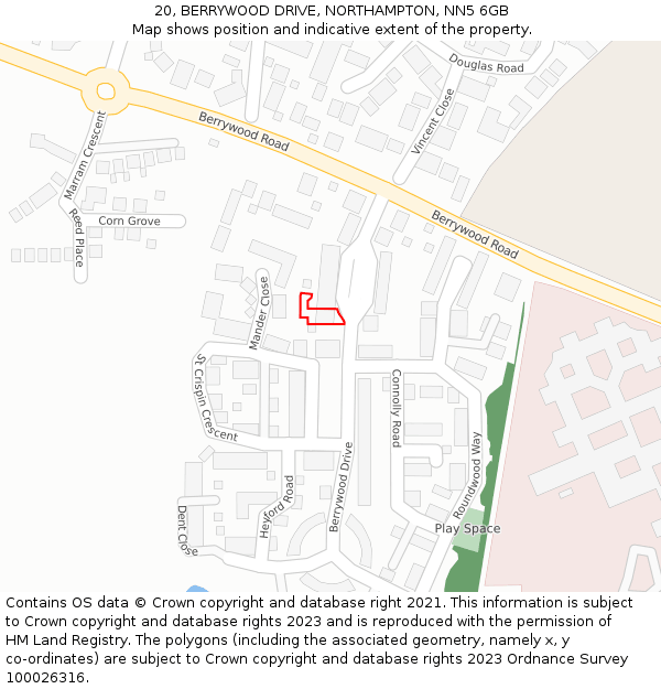 20, BERRYWOOD DRIVE, NORTHAMPTON, NN5 6GB: Location map and indicative extent of plot