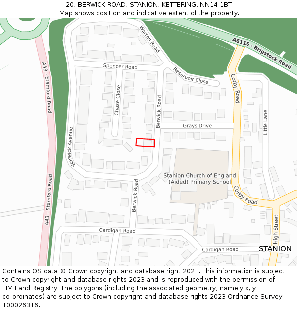 20, BERWICK ROAD, STANION, KETTERING, NN14 1BT: Location map and indicative extent of plot