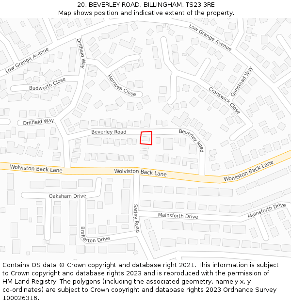 20, BEVERLEY ROAD, BILLINGHAM, TS23 3RE: Location map and indicative extent of plot