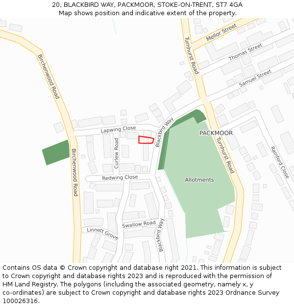 20, BLACKBIRD WAY, PACKMOOR, STOKE-ON-TRENT, ST7 4GA: Location map and indicative extent of plot