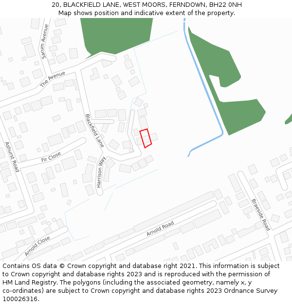 20, BLACKFIELD LANE, WEST MOORS, FERNDOWN, BH22 0NH: Location map and indicative extent of plot