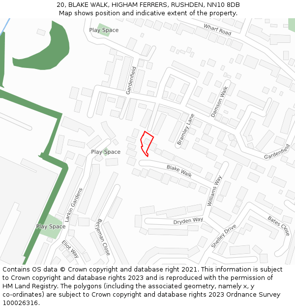 20, BLAKE WALK, HIGHAM FERRERS, RUSHDEN, NN10 8DB: Location map and indicative extent of plot