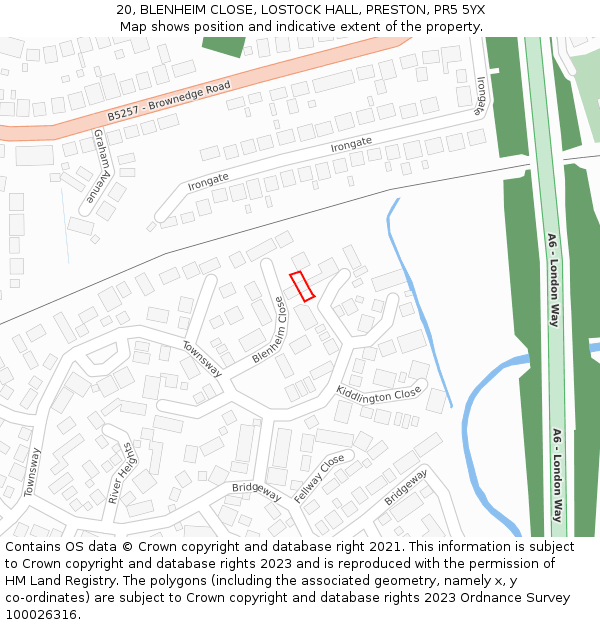 20, BLENHEIM CLOSE, LOSTOCK HALL, PRESTON, PR5 5YX: Location map and indicative extent of plot