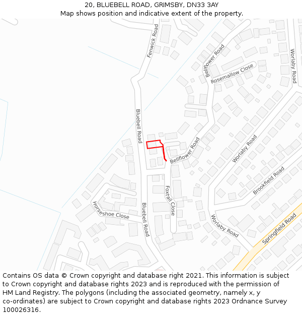 20, BLUEBELL ROAD, GRIMSBY, DN33 3AY: Location map and indicative extent of plot