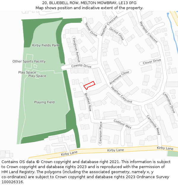 20, BLUEBELL ROW, MELTON MOWBRAY, LE13 0FG: Location map and indicative extent of plot