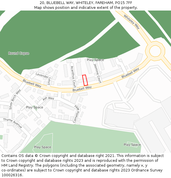 20, BLUEBELL WAY, WHITELEY, FAREHAM, PO15 7FF: Location map and indicative extent of plot