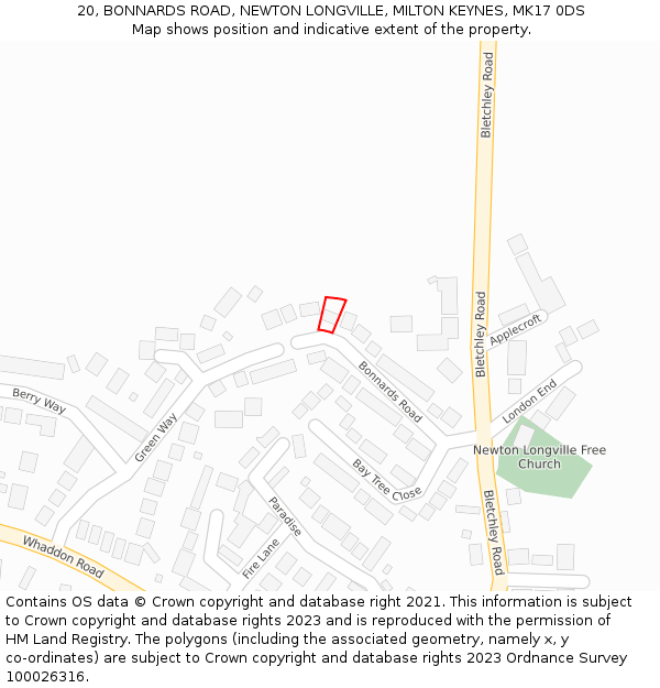 20, BONNARDS ROAD, NEWTON LONGVILLE, MILTON KEYNES, MK17 0DS: Location map and indicative extent of plot