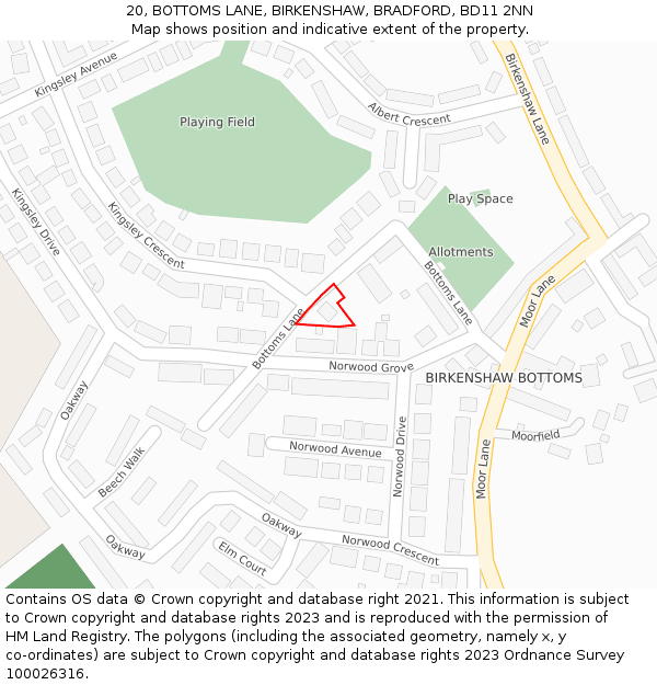 20, BOTTOMS LANE, BIRKENSHAW, BRADFORD, BD11 2NN: Location map and indicative extent of plot