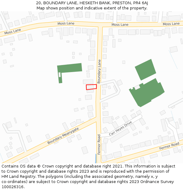 20, BOUNDARY LANE, HESKETH BANK, PRESTON, PR4 6AJ: Location map and indicative extent of plot