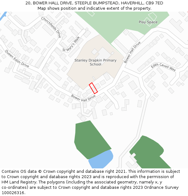 20, BOWER HALL DRIVE, STEEPLE BUMPSTEAD, HAVERHILL, CB9 7ED: Location map and indicative extent of plot