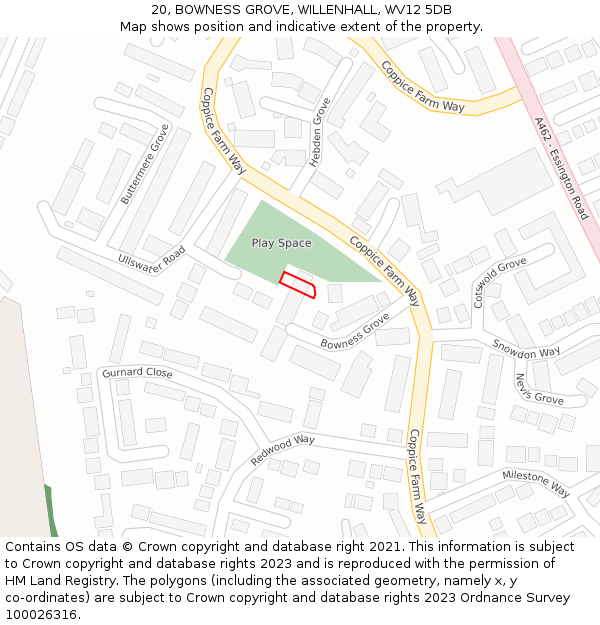 20, BOWNESS GROVE, WILLENHALL, WV12 5DB: Location map and indicative extent of plot