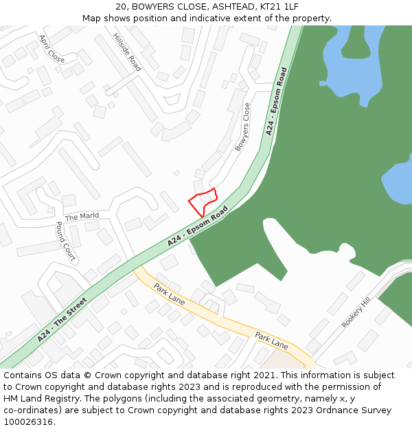 20, BOWYERS CLOSE, ASHTEAD, KT21 1LF: Location map and indicative extent of plot