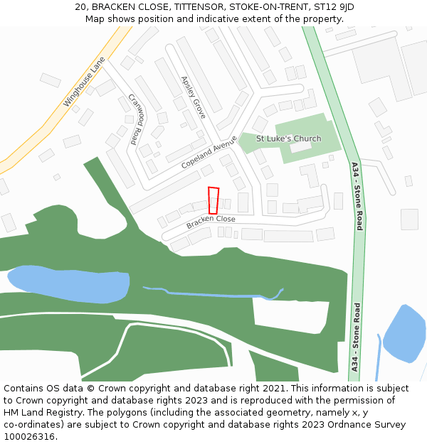 20, BRACKEN CLOSE, TITTENSOR, STOKE-ON-TRENT, ST12 9JD: Location map and indicative extent of plot