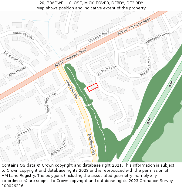 20, BRADWELL CLOSE, MICKLEOVER, DERBY, DE3 9DY: Location map and indicative extent of plot