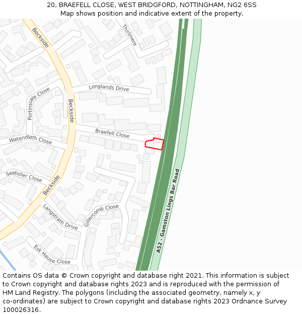 20, BRAEFELL CLOSE, WEST BRIDGFORD, NOTTINGHAM, NG2 6SS: Location map and indicative extent of plot