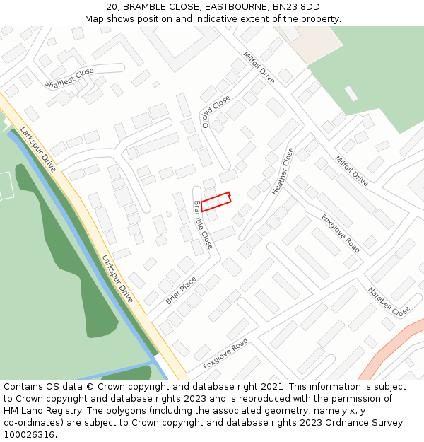 20, BRAMBLE CLOSE, EASTBOURNE, BN23 8DD: Location map and indicative extent of plot