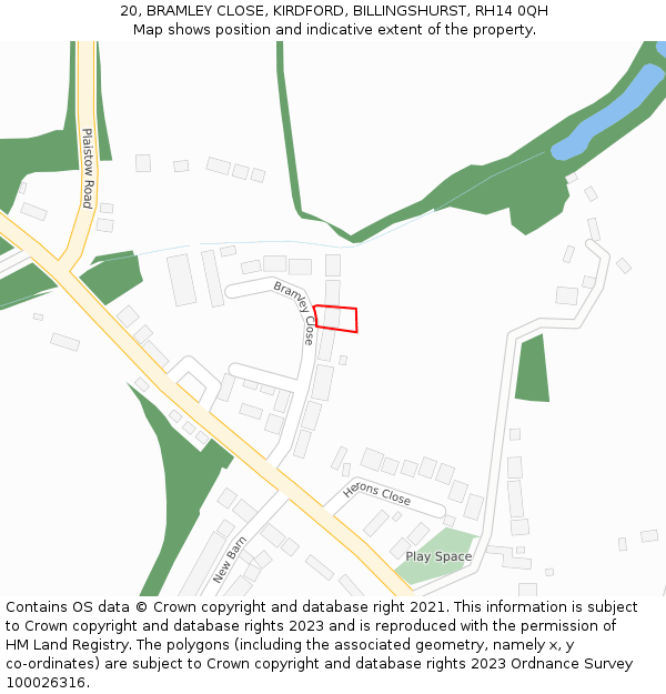 20, BRAMLEY CLOSE, KIRDFORD, BILLINGSHURST, RH14 0QH: Location map and indicative extent of plot