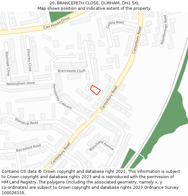 20, BRANCEPETH CLOSE, DURHAM, DH1 5XL: Location map and indicative extent of plot