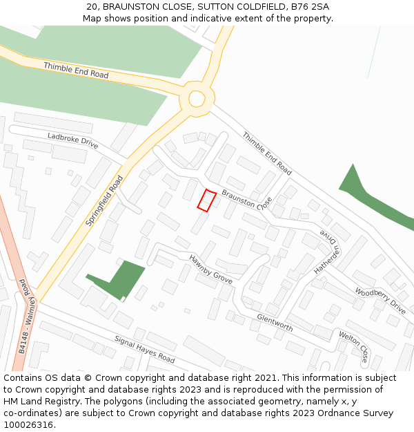 20, BRAUNSTON CLOSE, SUTTON COLDFIELD, B76 2SA: Location map and indicative extent of plot