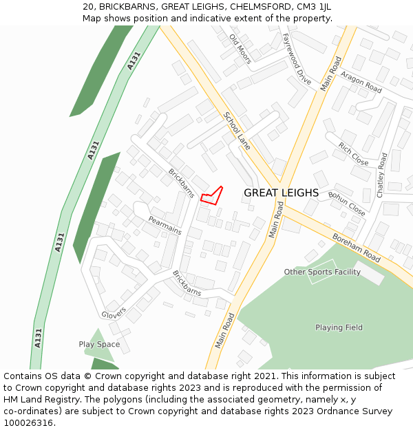 20, BRICKBARNS, GREAT LEIGHS, CHELMSFORD, CM3 1JL: Location map and indicative extent of plot
