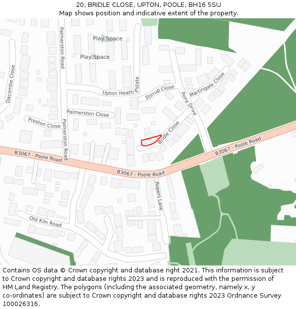 20, BRIDLE CLOSE, UPTON, POOLE, BH16 5SU: Location map and indicative extent of plot