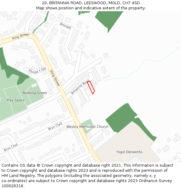 20, BRITANNIA ROAD, LEESWOOD, MOLD, CH7 4SD: Location map and indicative extent of plot