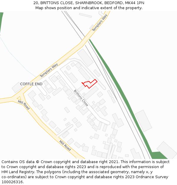20, BRITTONS CLOSE, SHARNBROOK, BEDFORD, MK44 1PN: Location map and indicative extent of plot