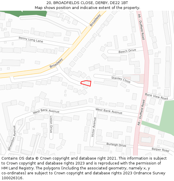20, BROADFIELDS CLOSE, DERBY, DE22 1BT: Location map and indicative extent of plot