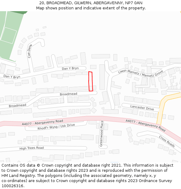 20, BROADMEAD, GILWERN, ABERGAVENNY, NP7 0AN: Location map and indicative extent of plot