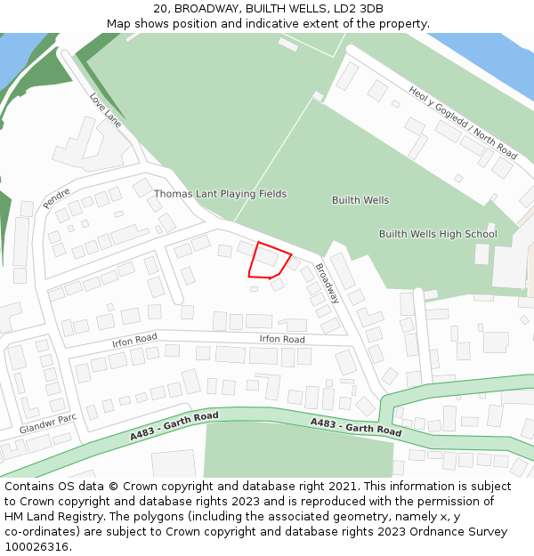 20, BROADWAY, BUILTH WELLS, LD2 3DB: Location map and indicative extent of plot