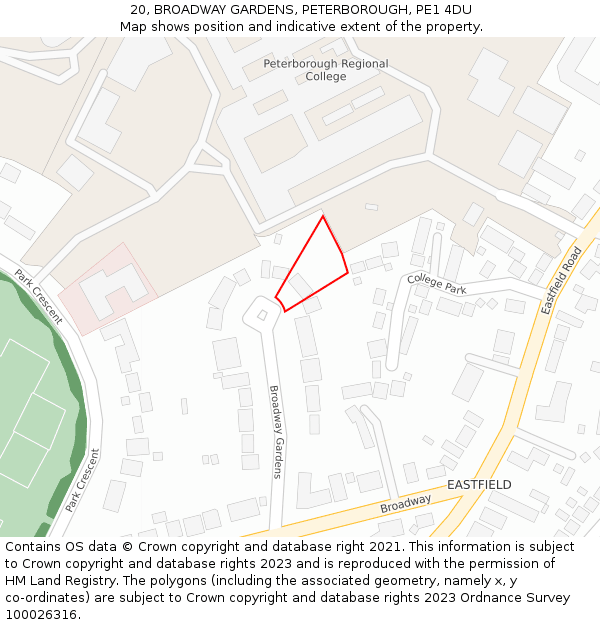 20, BROADWAY GARDENS, PETERBOROUGH, PE1 4DU: Location map and indicative extent of plot