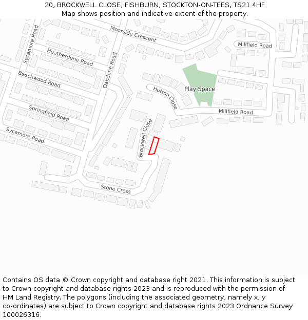 20, BROCKWELL CLOSE, FISHBURN, STOCKTON-ON-TEES, TS21 4HF: Location map and indicative extent of plot