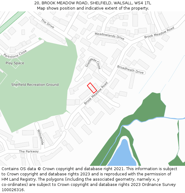 20, BROOK MEADOW ROAD, SHELFIELD, WALSALL, WS4 1TL: Location map and indicative extent of plot