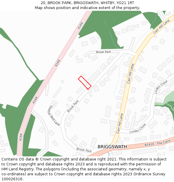 20, BROOK PARK, BRIGGSWATH, WHITBY, YO21 1RT: Location map and indicative extent of plot